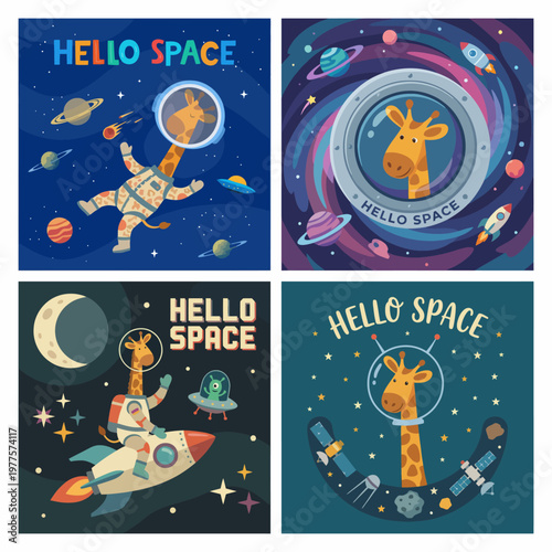 An imaginative depiction of a giraffe in space, wearing an astronaut suit amidst planets and stars, conveying a sense of adventure and fun in a vibrant cosmic environment.