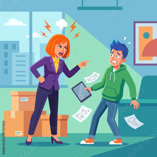 A portrayal of a heated discussion in an office, where a frustrated manager confronts a worried employee, bringing attention to workplace dynamics and emotional tensions.