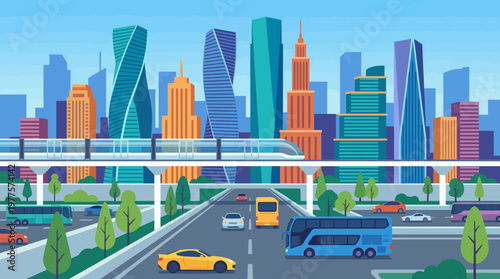 A lively illustration of a futuristic city, highlighting modern architecture and transportation methods, emphasizing urban development and sustainable living aesthetics.