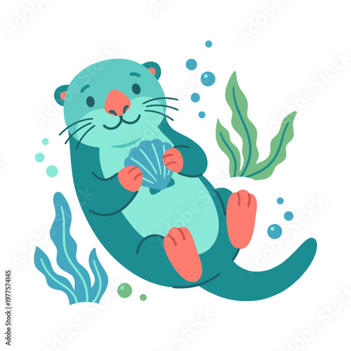 An adorable illustration capturing a playful otter enjoying a shell while surrounded by aquatic plants, highlighting themes of joy and innocence found in nature's underwater habitats.