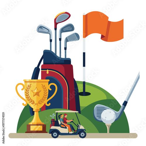 An engaging illustration featuring golf clubs, a trophy and a golf cart on a sunny course, emphasizing the sport's spirit of competition and recreational enjoyment.