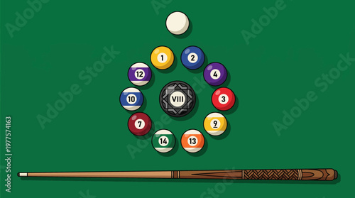 A vibrant arrangement of billiard balls on a green felt table, showcasing the numbers and textures of the balls, creating an engaging and dynamic visual composition.