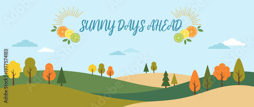 A picturesque sunny landscape filled with vibrant trees, rolling hills, and a bright sky, capturing the essence of a beautiful and peaceful day in nature.