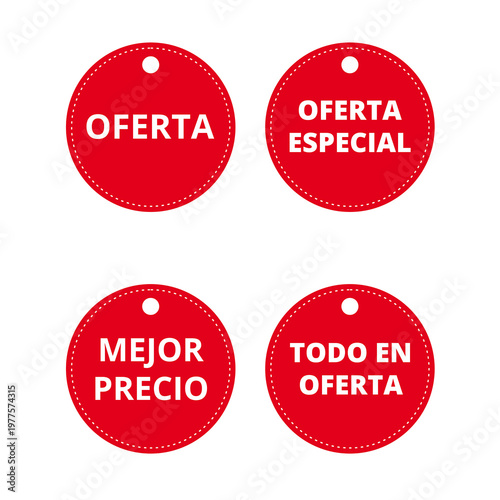Red oferta mejor precio round labels isolated on a white background (trad offer, sale, best price)