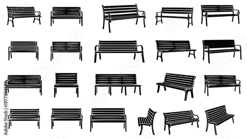 Various park bench styles and designs in black and white illustrations for outdoor seating needs