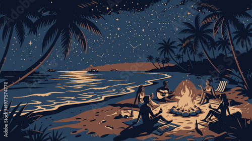 People Sitting Around Beach Fire.