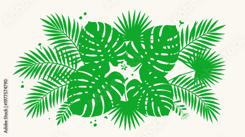 Tropical green palm leaves illustration.