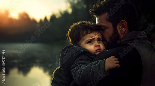 Father comforting crying child by serene lake at sunset