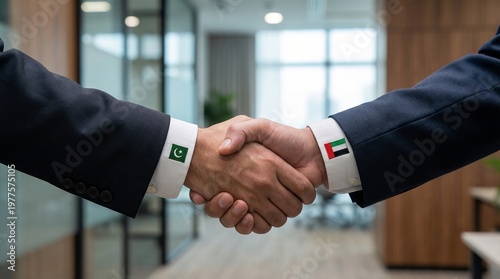 Businessmen from Pakistan and UAE shaking hands in office