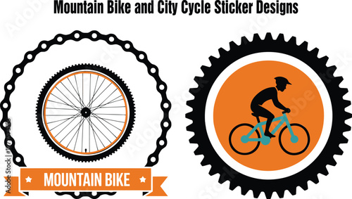 Two distinct round sticker designs showing a mountain bike wheel and a cyclist on an orange background
