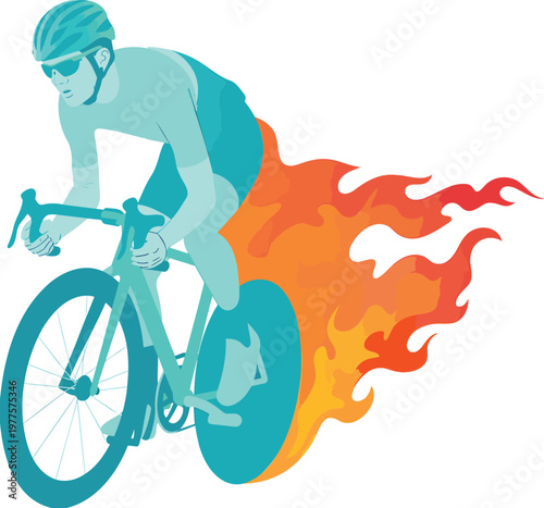 A dynamic male cyclist in blue racing on a bicycle with fiery speed trails on a white background