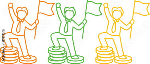 Three celebratory figures standing on stacks of coins holding flags.