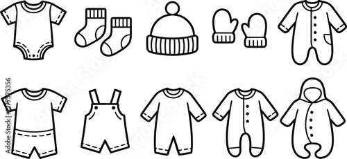 Baby Clothing Line Icons Set Showcasing Onesies, Rompers, Hats, Bibs, Socks, Infant Wear Essentials, Minimal Outline Design, Clean Editable Vector Graphics Collection