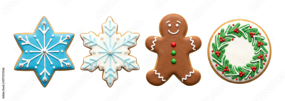 Fototapeta premium Festive Christmas cookies including a gingerbread man, snowflake, star, and wreath designs, beautifully decorated with colorful icing.