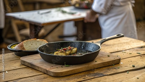 Cast iron pan on rustic wooden table with grilled food and fresh ingredients ready for cooking