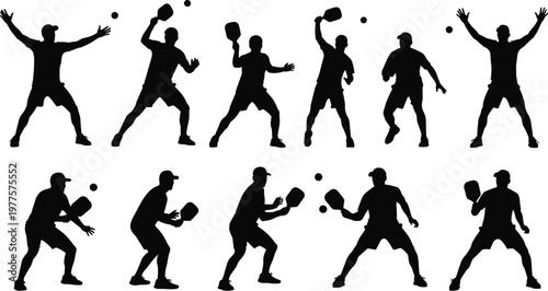 Pickleball silhouettes, dynamic player poses, forehand, backhand, serving, athletic motion, paddle action, sports illustration, fitness concept, competitive game, training