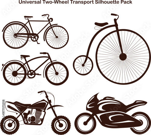 Diverse two wheeled transport silhouettes including vintage bicycles and contemporary motorcycles on a white background