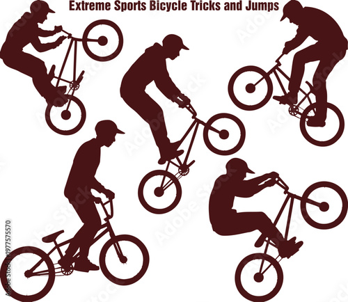 Five dynamic brown silhouettes of riders performing various extreme sports bicycle tricks and jumps