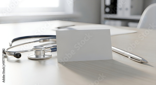 Blank business card mockup on office desk with stethoscope and silver pen.