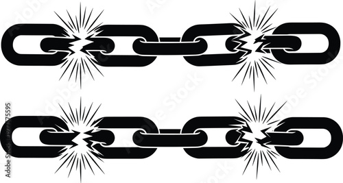 Broken chain silhouette illustration, connection failure artwork, weakness design concept, rupture symbol graphic, black white disconnection representation, system breakdown icon