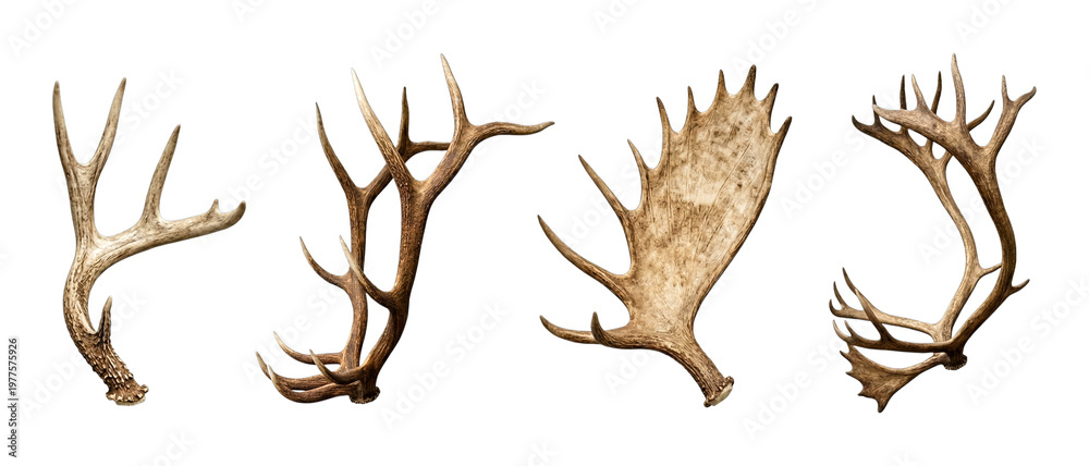 Fototapeta premium Assortment of natural antlers from deer, elk, and moose, each displaying unique branching patterns and textures.