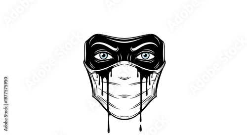 Superhero mask with dripping black paint, blue eyes, white background