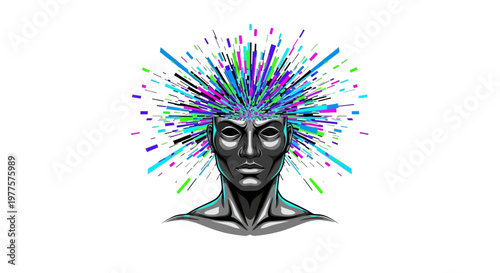 Abstract explosion of colorful light beams from a metallic human head, symbolizing creativity and ideas.