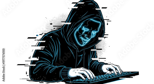 Anonymous hacker in hoodie typing on keyboard, digital glitch effect