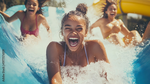 Friends racing down a waterslide on a sunny day