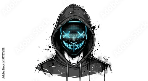 Anonymous hacker wearing a glowing mask and hoodie, glitch effect, dark style