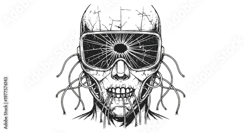 Broken VR headset on a skull, cybernetic implants, dystopian future concept