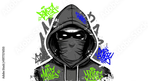 Anonymous Hacker Wearing Hoodie and Mask with Graffiti Background