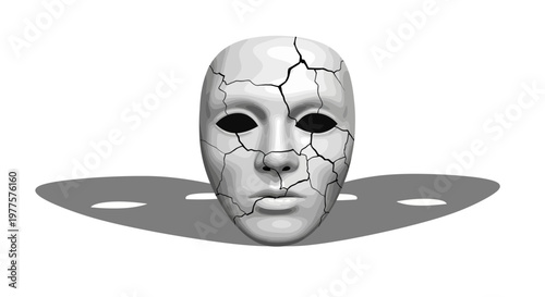 Cracked White Mask with Dark Eyes and Shadow on White Background