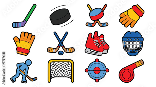 Ice hockey equipment icons including sticks gloves skates and puck on white background