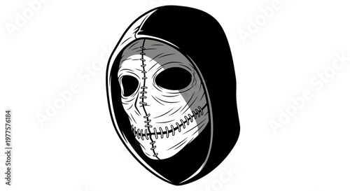 Creepy stitched mask with empty eye sockets and hood, horror concept