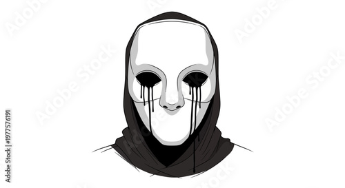 Creepy mask with black tears, dark hoodie, horror, mystery, anonymity, fear
