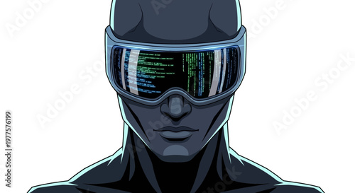 Cybernetic Hacker in Futuristic Goggles Displaying Code