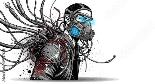 Cyberpunk man with gas mask and wires, futuristic dystopian concept