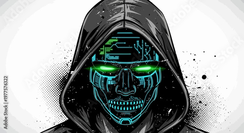 Cyberpunk Hacker Skull with Glowing Eyes in Hood