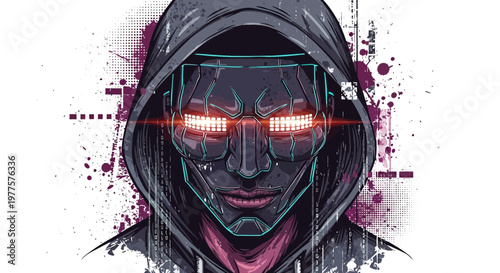 Cyberpunk Robot Face with Glowing Eyes in Hoodie