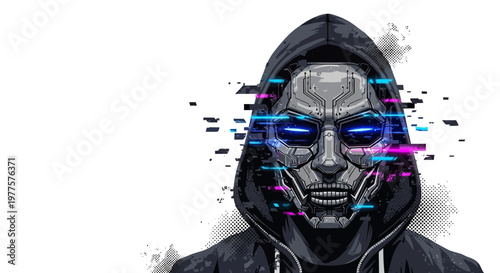 Cyberpunk Robot Hacker in Hoodie with Glitching Digital Face