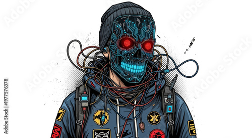 Cyberpunk Skull Mask Man with Wires and Glowing Eyes
