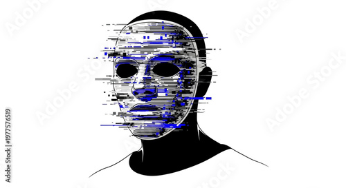 Glitching human face, digital distortion, AI and technology concept