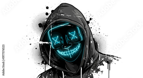 Glowing Neon Masked Hacker in Hoodie