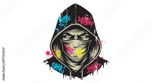 Graffiti masked man with hood, spray paint, urban art, street style, mysterious figure