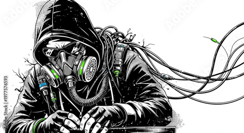 Hacker in Gas Mask with Wires, Cyberpunk Dystopian Style
