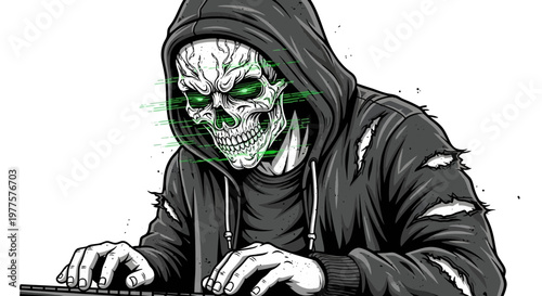 Hacker Skeleton Typing on Keyboard, Digital Glitch Eyes, Cybercrime Concept