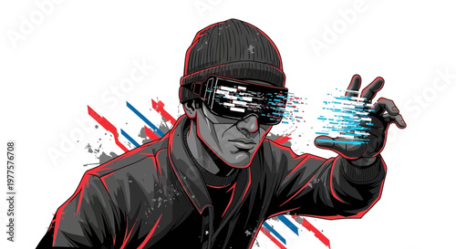 Hacker in VR headset manipulating digital data stream, cybercrime concept