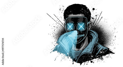 Hacker wearing a glowing mask, digital art, cyber security concept
