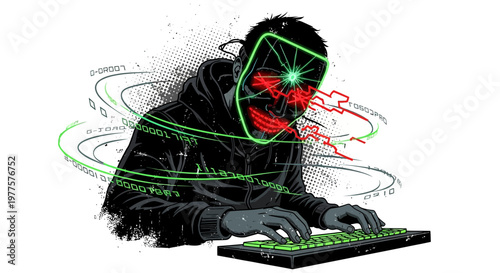 Hacker wearing mask with glowing eyes typing on keyboard, digital data streams